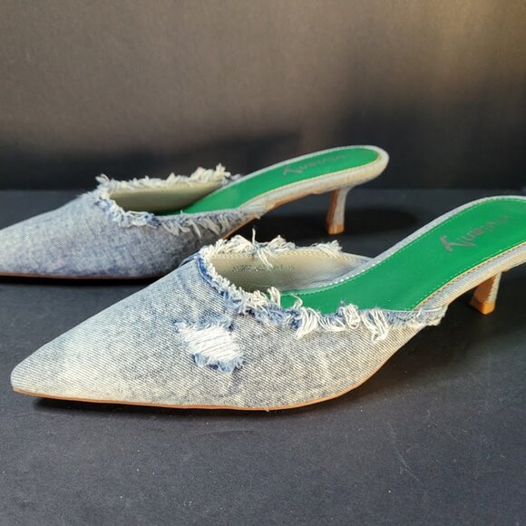 Vivianly Denim Heeled Pointed Toe Mules SZ 10 - Picture 3 of 8